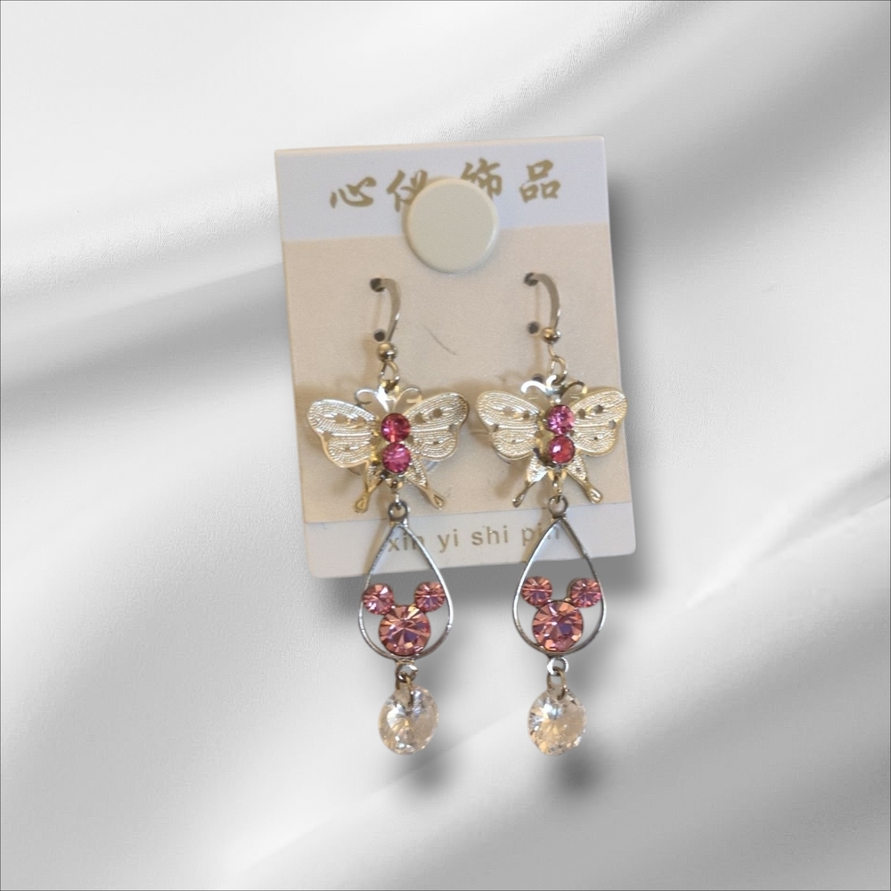 Butterfly Drop Earrings - Silver with Pink Accents